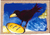 Jim Bouchet : peinture acrylique - Corbeau ravitaillant Elie au torrent de Kerit