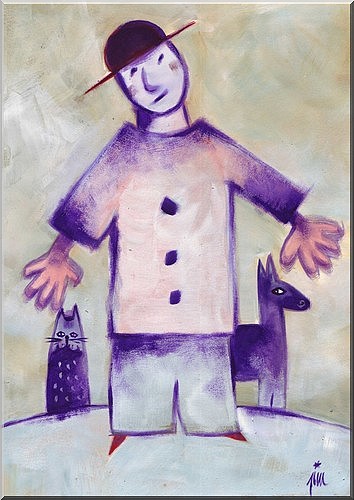 Jim Bouchet : acrylique sur toile - Portrait inclin avec chat et ne